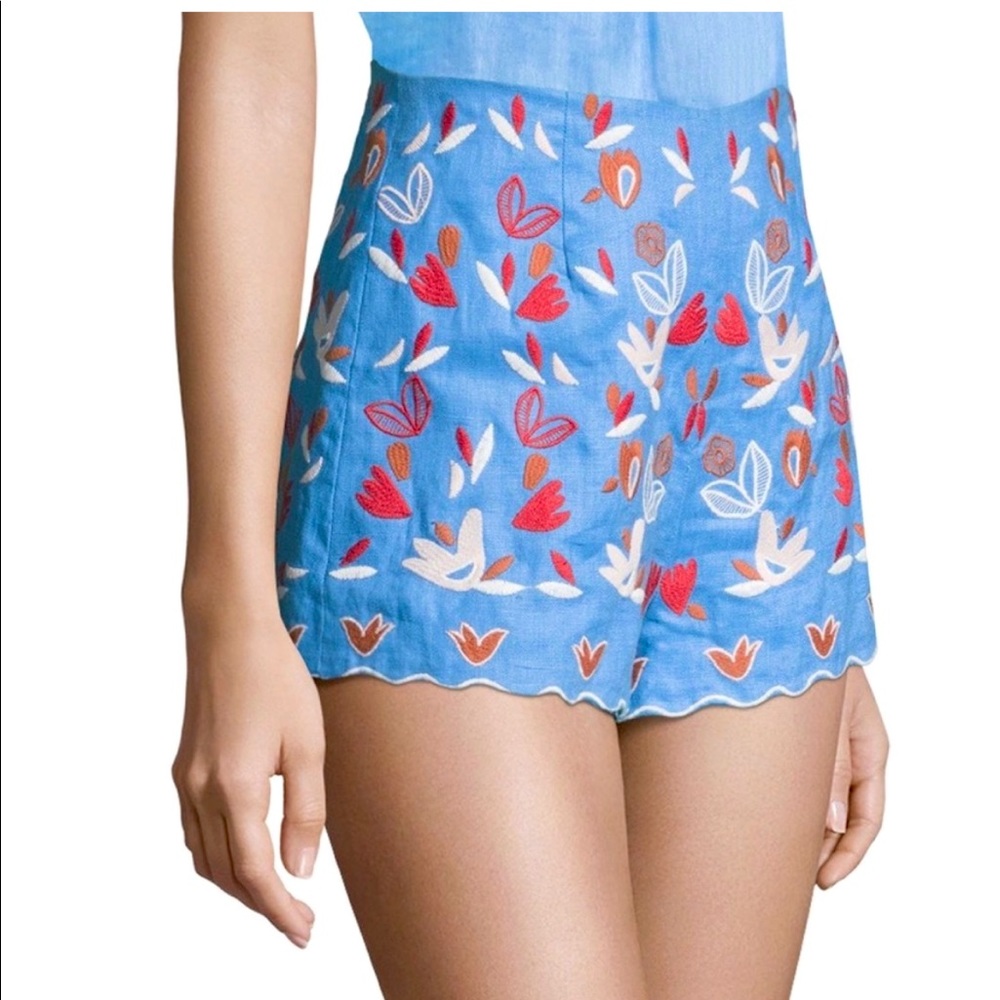 Amur, Linen Demi Blue Floral Embroidered Shorts, Size 2, No Sign of Wear